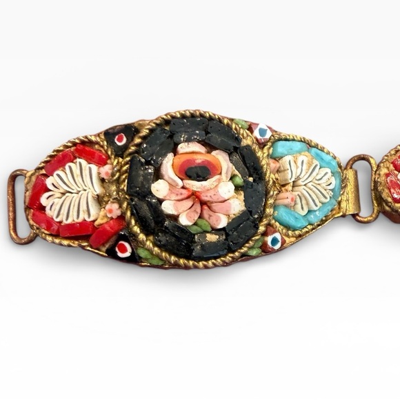 Antique Italy Signed Micro-Mosaic Floral 5 Panel Bracelet - Picture 8 of 13